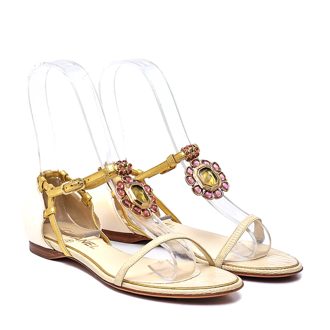 Chanel - White & Gold Camella Crystal Sandals 37